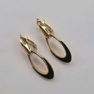 Trifari Gold-Tone And Black Enamel Oval Door Knocker Style Clip Earrings